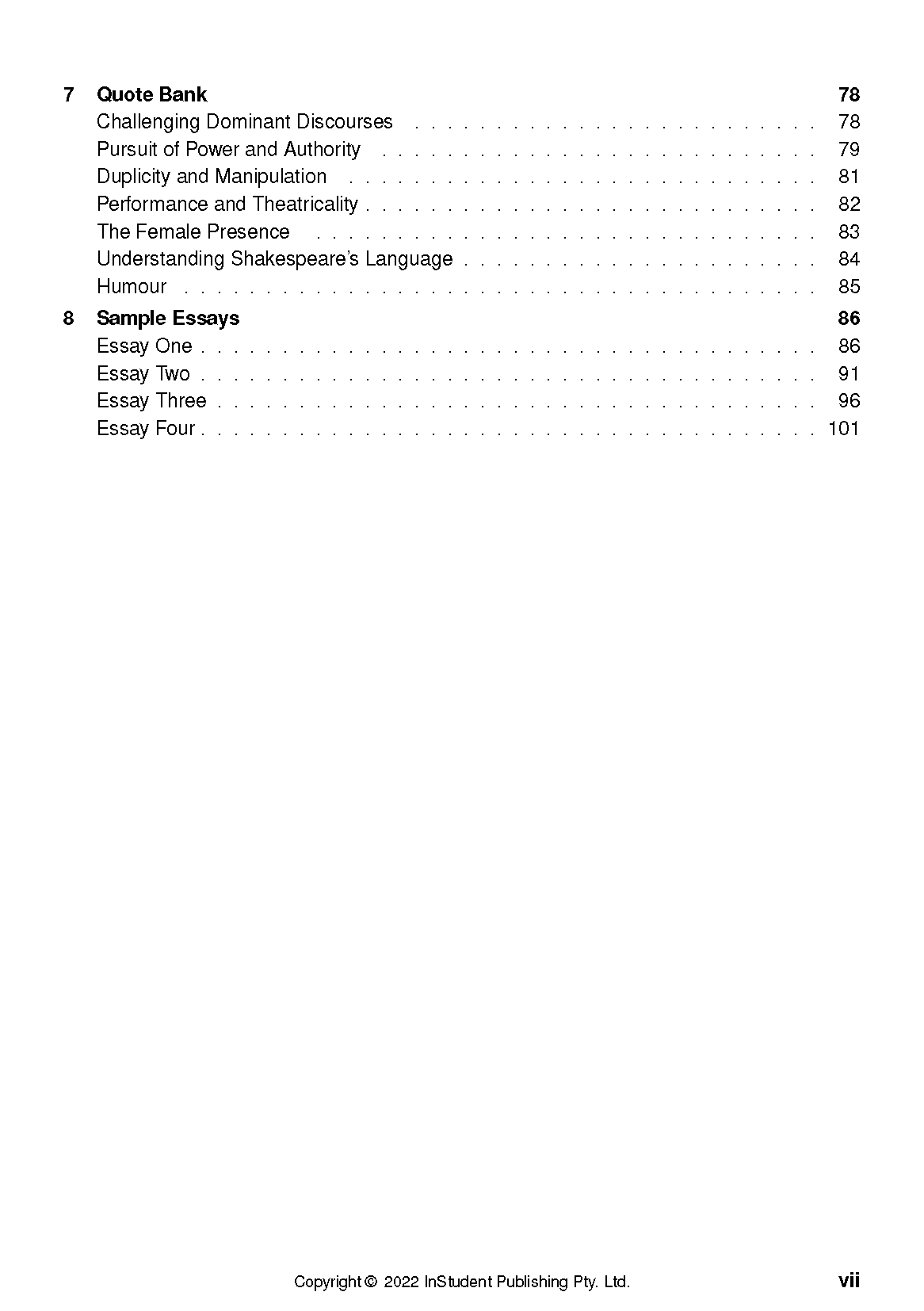 Text Guide showing a table of contents page with sections "Quote Bank" starting on page 78 and "Sample Essays" on page 86.