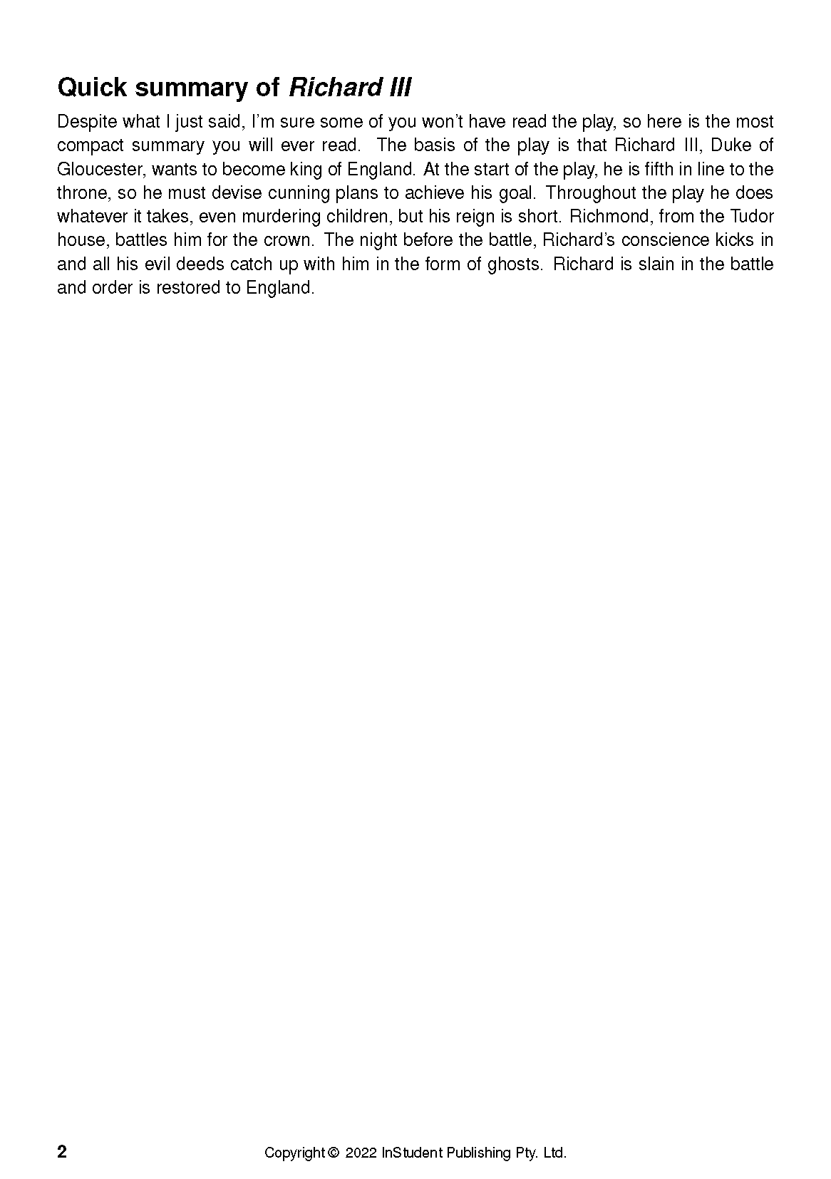 Text Guide page with black text on a white background, featuring a summary of Richard III and copyright details.