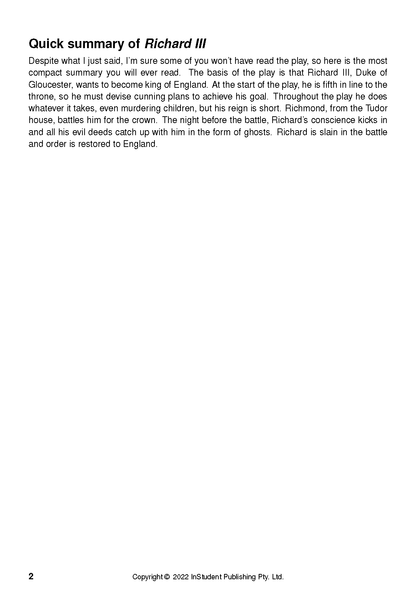 Text Guide page with black text on a white background, featuring a summary of Richard III and copyright details.