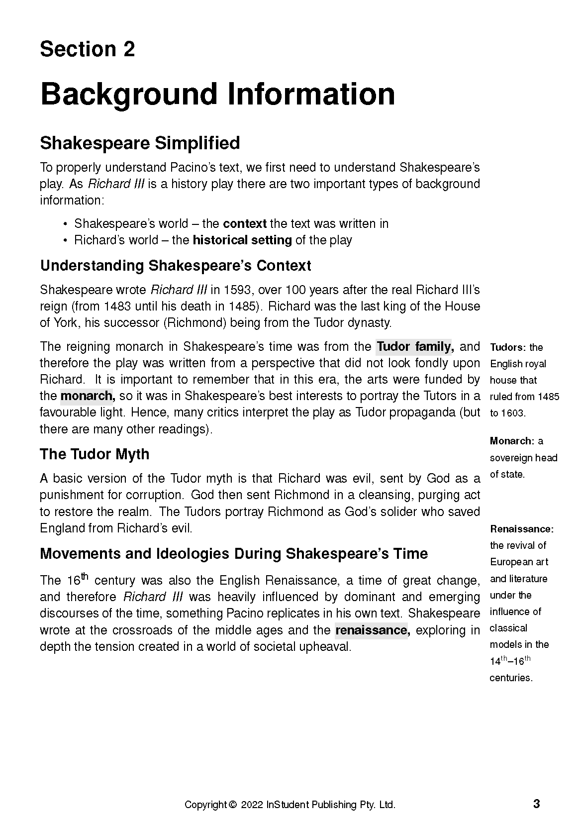 Text guide page featuring black text on white, with 'Section 2 Background Information' about Shakespeare and side definitions.