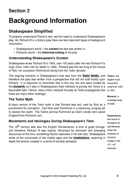 Text guide page featuring black text on white, with 'Section 2 Background Information' about Shakespeare and side definitions.