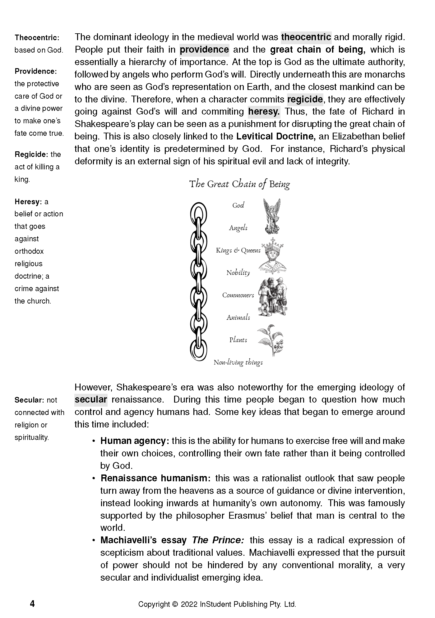 Text guide page explaining medieval ideology, Shakespearean concepts like the 'Great Chain of Being,' and renaissance humanism.