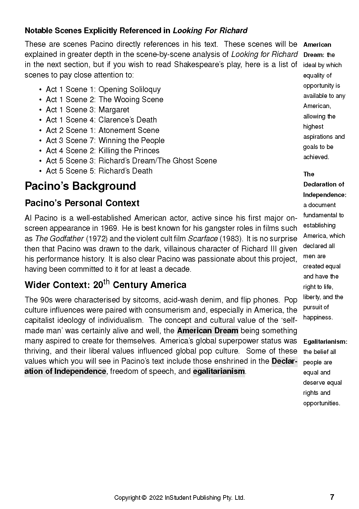 Text Guide page with black text, multiple headings, bullet points of scenes, and sidebar definitions.