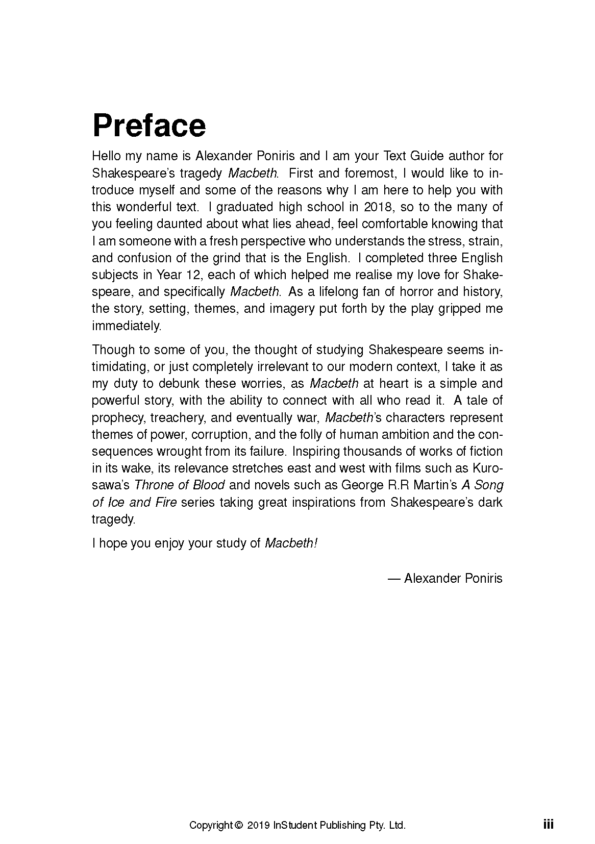 Text Guide for Macbeth by InStudent Publishing Pty. Ltd., featuring the white preface page with black text and page number iii.