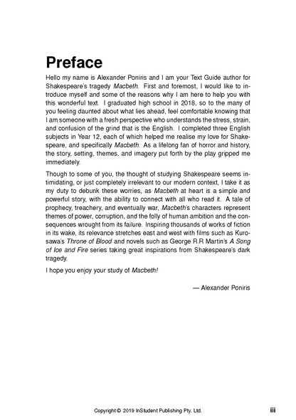 Text Guide for Macbeth by InStudent Publishing Pty. Ltd., featuring the white preface page with black text and page number iii.