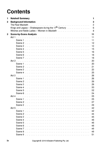Text Guide for Macbeth by William Shakespeare from InStudent Publishing Pty. Ltd., showing the table of contents.