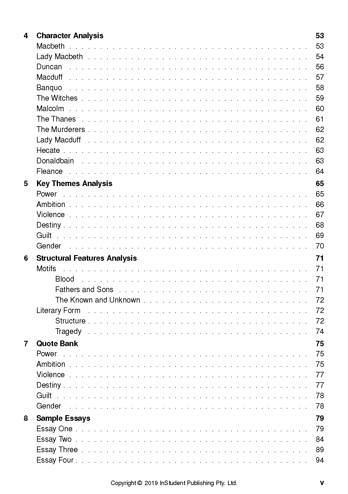Text guide table of contents showing sections for character analysis, key themes, structural features, quote bank, and sample essays.