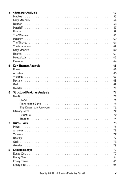Text guide table of contents showing sections for character analysis, key themes, structural features, quote bank, and sample essays.