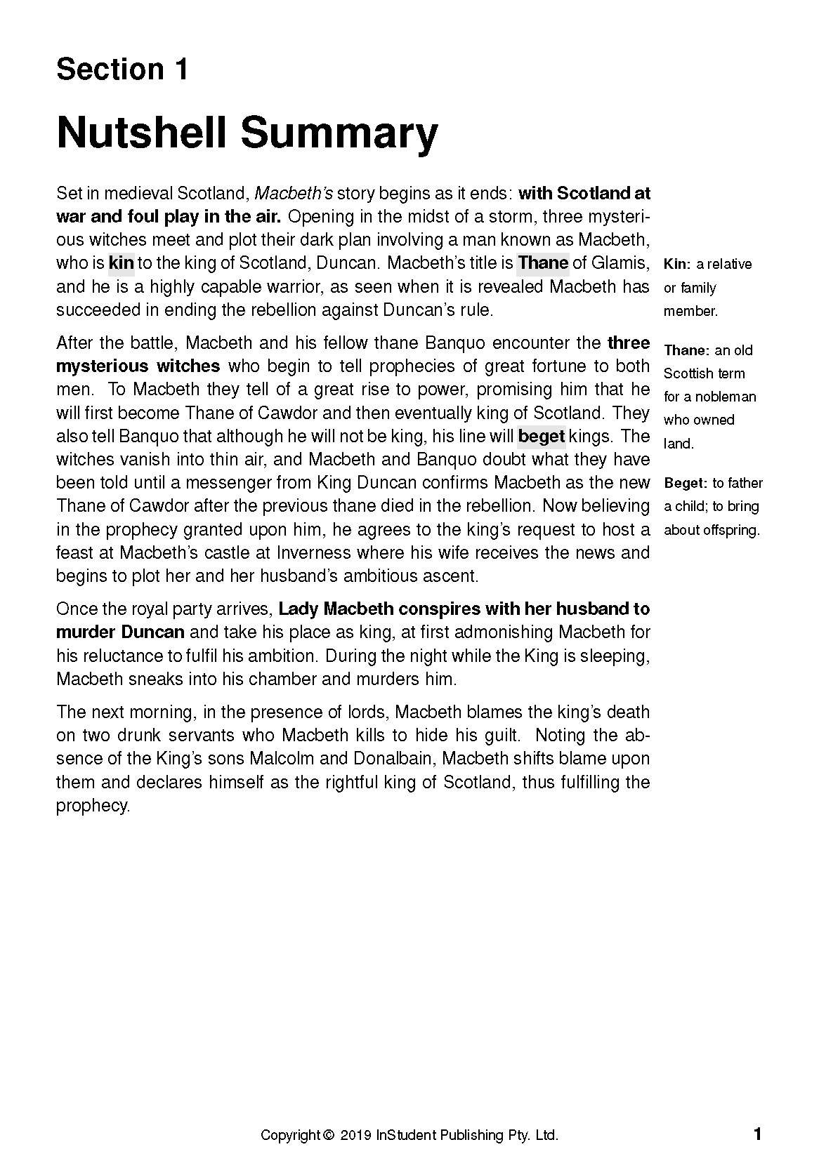Text guide page by InStudent Publishing Pty. Ltd. displaying a Macbeth summary with definitions.