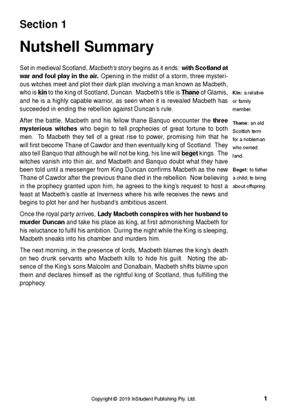 Text guide page by InStudent Publishing Pty. Ltd. displaying a Macbeth summary with definitions.