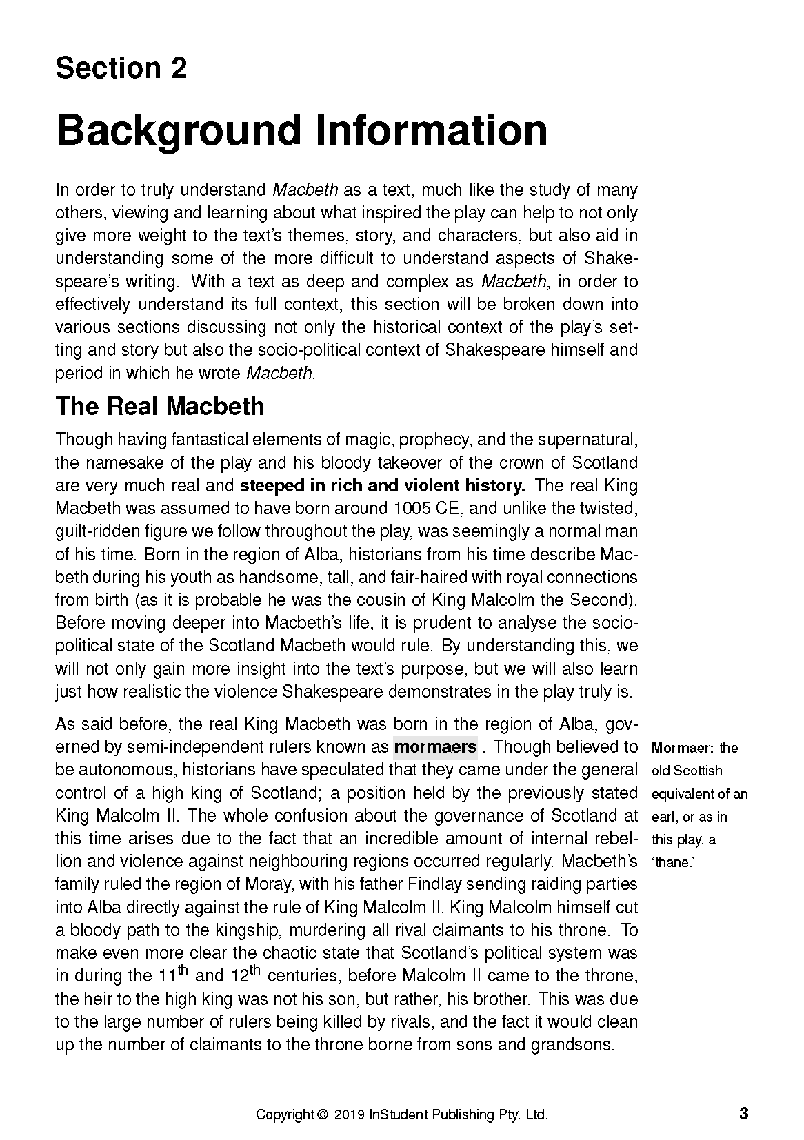 Text Guide page featuring 'Section 2 Background Information' and text detailing 'The Real Macbeth' with highlighted words.