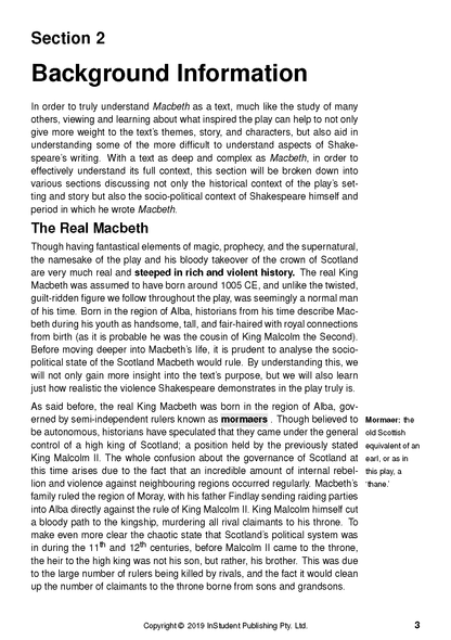 Text Guide page featuring 'Section 2 Background Information' and text detailing 'The Real Macbeth' with highlighted words.