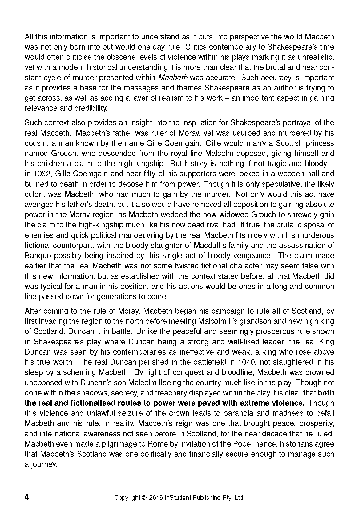 White page Text Guide by InStudent Publishing Pty. Ltd. with black text discussing Macbeth, historical context, and Shakespeare's play, showing page 4.