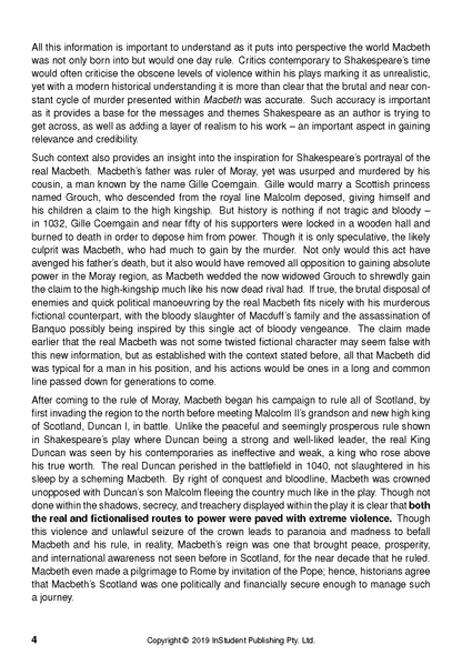 White page Text Guide by InStudent Publishing Pty. Ltd. with black text discussing Macbeth, historical context, and Shakespeare's play, showing page 4.