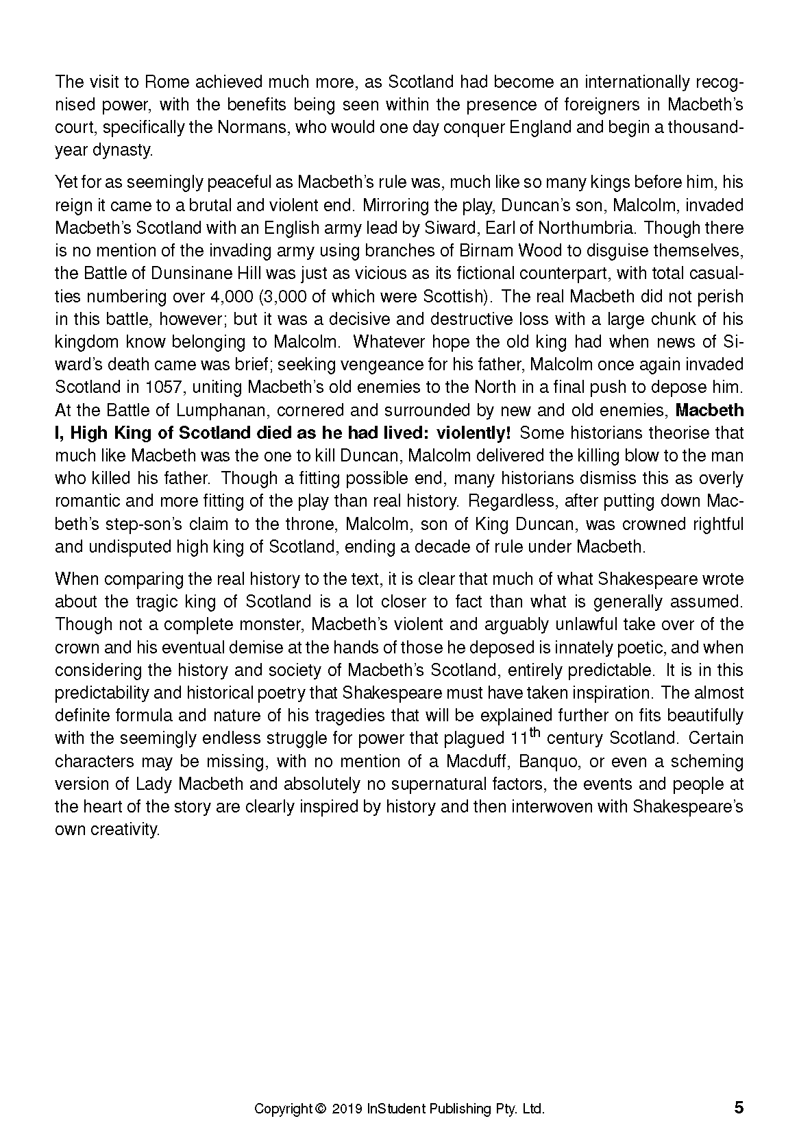 Text guide page about Macbeth with black print on white paper, showing page 5 and copyright information.