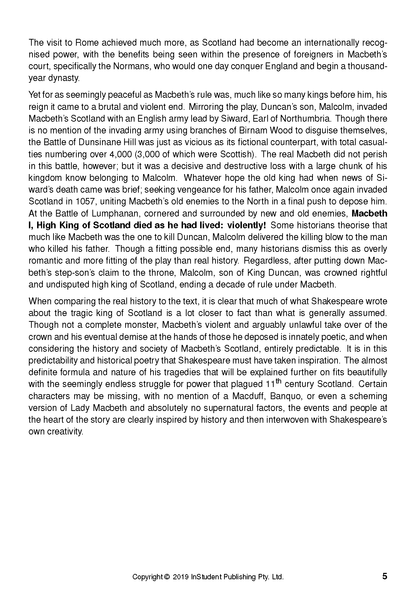 Text guide page about Macbeth with black print on white paper, showing page 5 and copyright information.