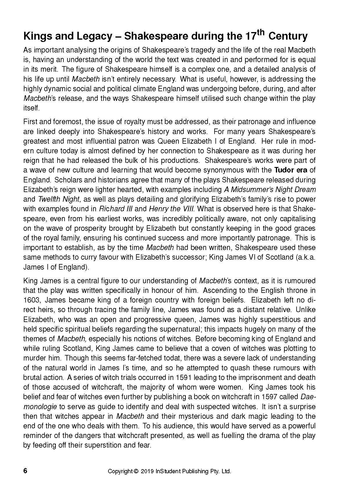 A text guide page about Shakespeare's Macbeth, titled 'Kings and Legacy – Shakespeare during the 17th Century', in black text on white.