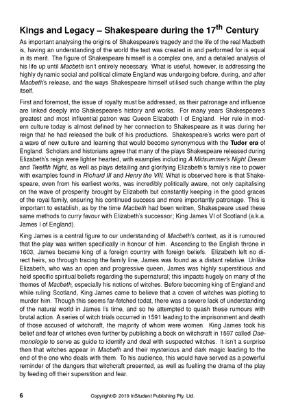 A text guide page about Shakespeare's Macbeth, titled 'Kings and Legacy – Shakespeare during the 17th Century', in black text on white.