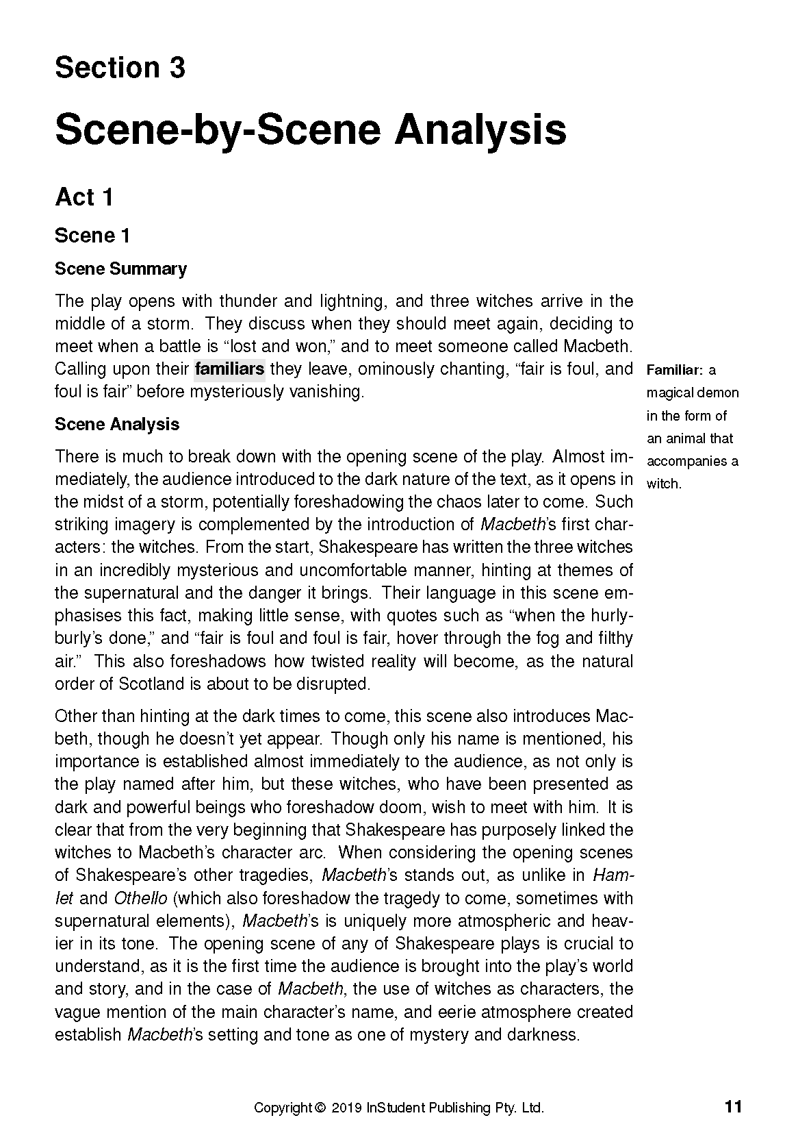 Text Guide for Macbeth by William Shakespeare by InStudent Publishing Pty. Ltd., showing a page detailing 'Scene-by-Scene Analysis'.