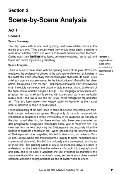 Text Guide for Macbeth by William Shakespeare by InStudent Publishing Pty. Ltd., showing a page detailing 'Scene-by-Scene Analysis'.