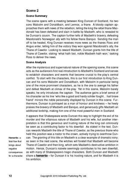 Text guide page for Macbeth, detailing 'Scene 2' summary and analysis, with a sidebar defining 'Hamartia'.