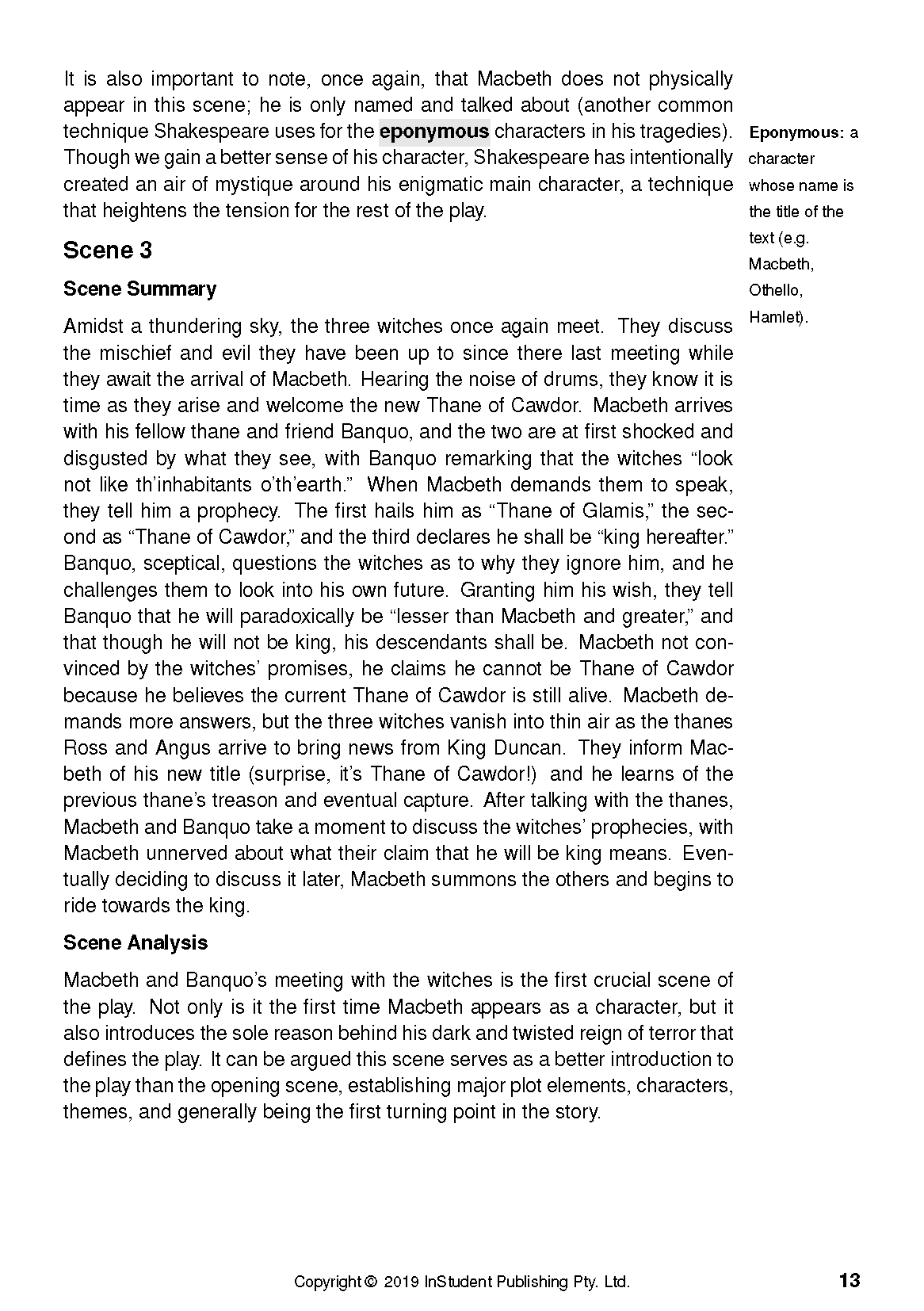 Text guide page with black text on white, detailing a Scene 3 summary and analysis of Macbeth, with an 'Eponymous' definition box.