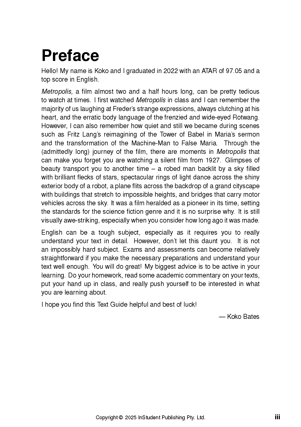 Text Guide for Metropolis by Fritz Lang, displaying a page with the preface by Koko Bates and black text on white paper.
