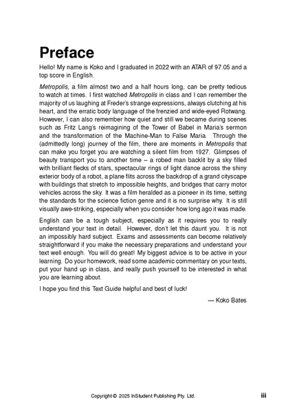 Text Guide for Metropolis by Fritz Lang, displaying a page with the preface by Koko Bates and black text on white paper.