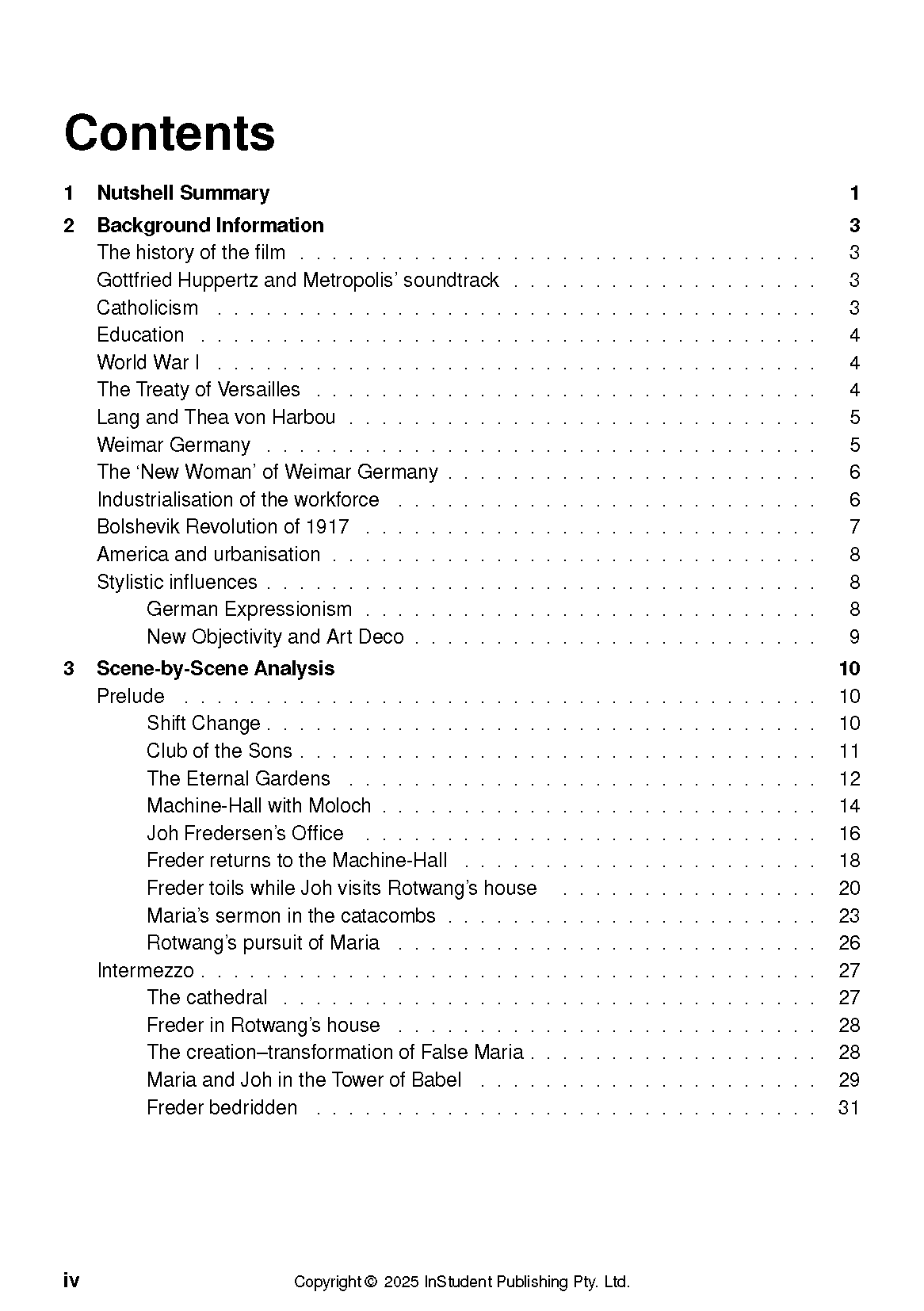 Text Guide for Metropolis by Fritz Lang, showing a detailed table of contents page with numbered sections, sub-sections, page numbers, and a copyright notice.