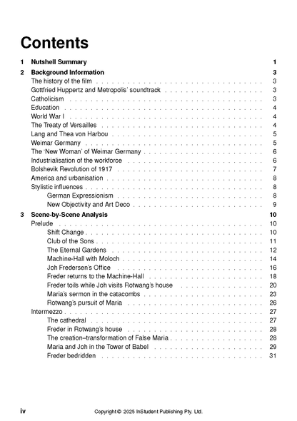 Text Guide for Metropolis by Fritz Lang, showing a detailed table of contents page with numbered sections, sub-sections, page numbers, and a copyright notice.