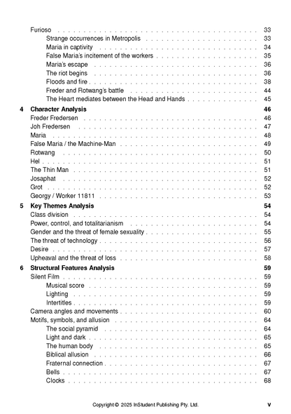 Text guide table of contents page for Metropolis by Fritz Lang by InStudent Publishing Pty. Ltd., listing chapter headings and page numbers.