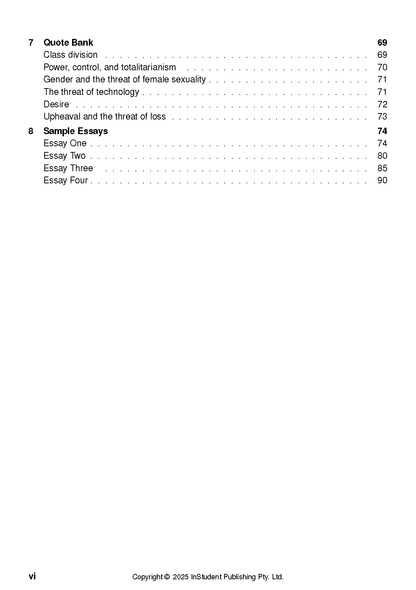 Text Guide page showing table of contents sections 'Quote Bank' and 'Sample Essays' with page numbers, plus copyright.