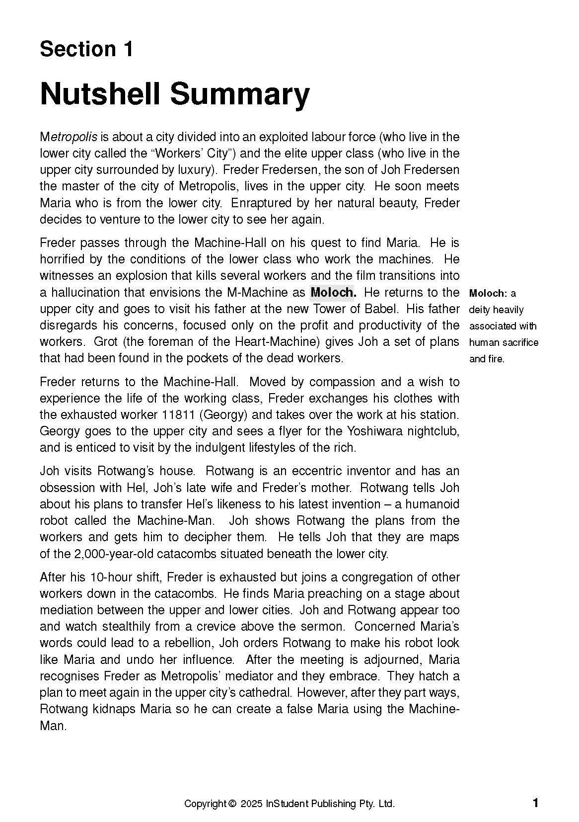 Text guide page featuring 'Nutshell Summary' for Metropolis, with black text on white, a 'Moloch' sidebar, and page number 1.