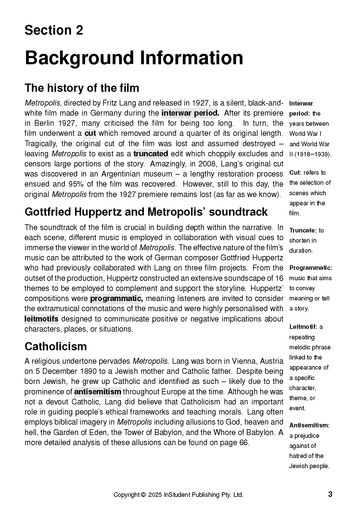 Text guide page on Metropolis by Fritz Lang, showing film background information and glossary definitions.