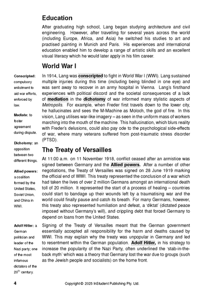 Educational text guide page about Fritz Lang's Metropolis, with sections on Education, World War I, and Treaty of Versailles, plus definitions in the margin.