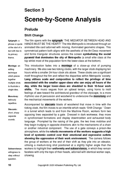 Text guide page, black text on white, showing "Section 3 Scene-by-Scene Analysis" with definitions in the left margin.