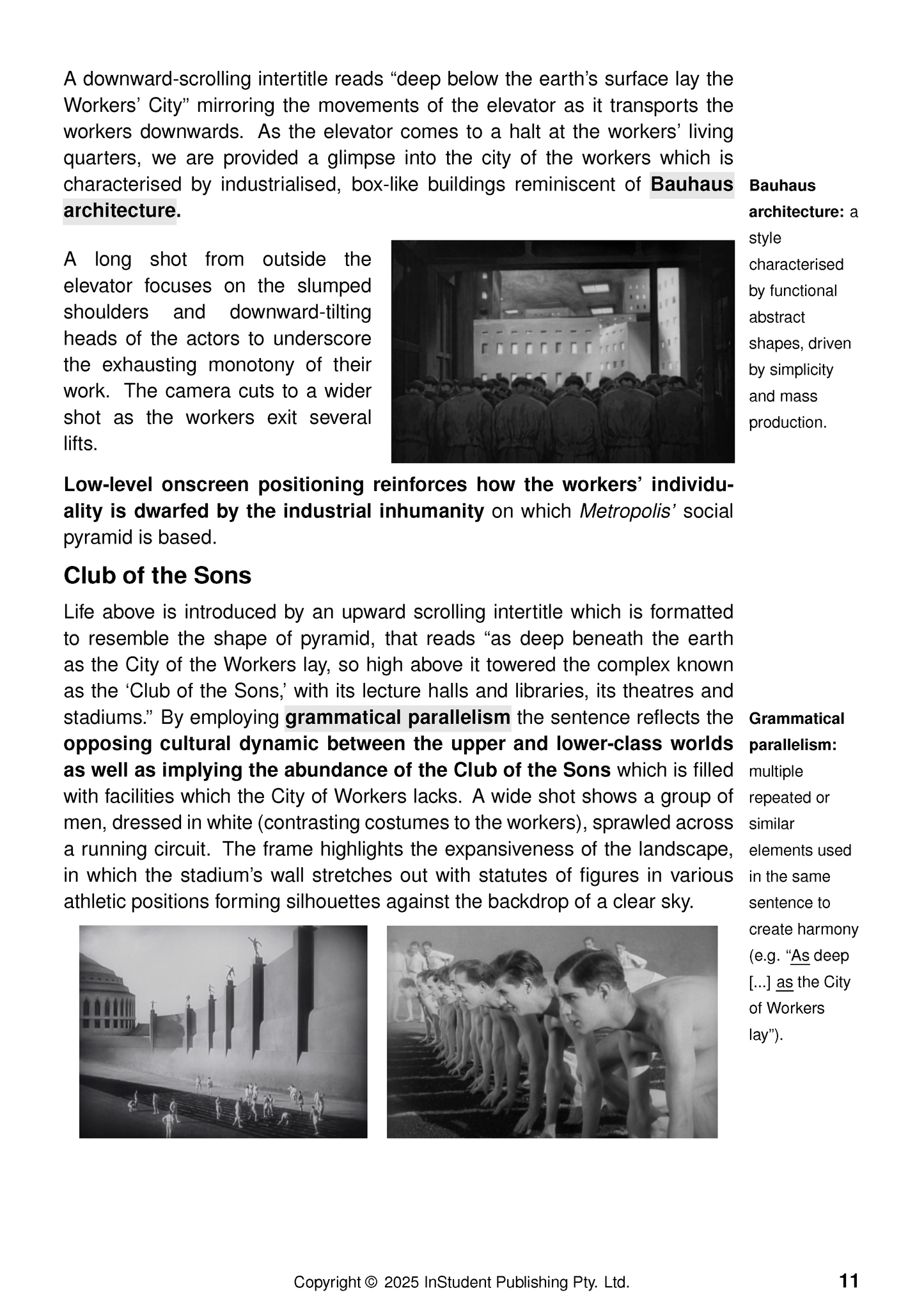 Text Guide presenting analysis of Metropolis by Fritz Lang, with black and white film stills depicting workers and athletes.
