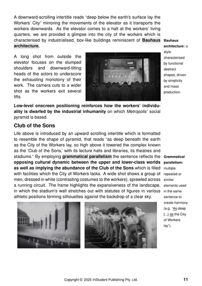 Text Guide presenting analysis of Metropolis by Fritz Lang, with black and white film stills depicting workers and athletes.