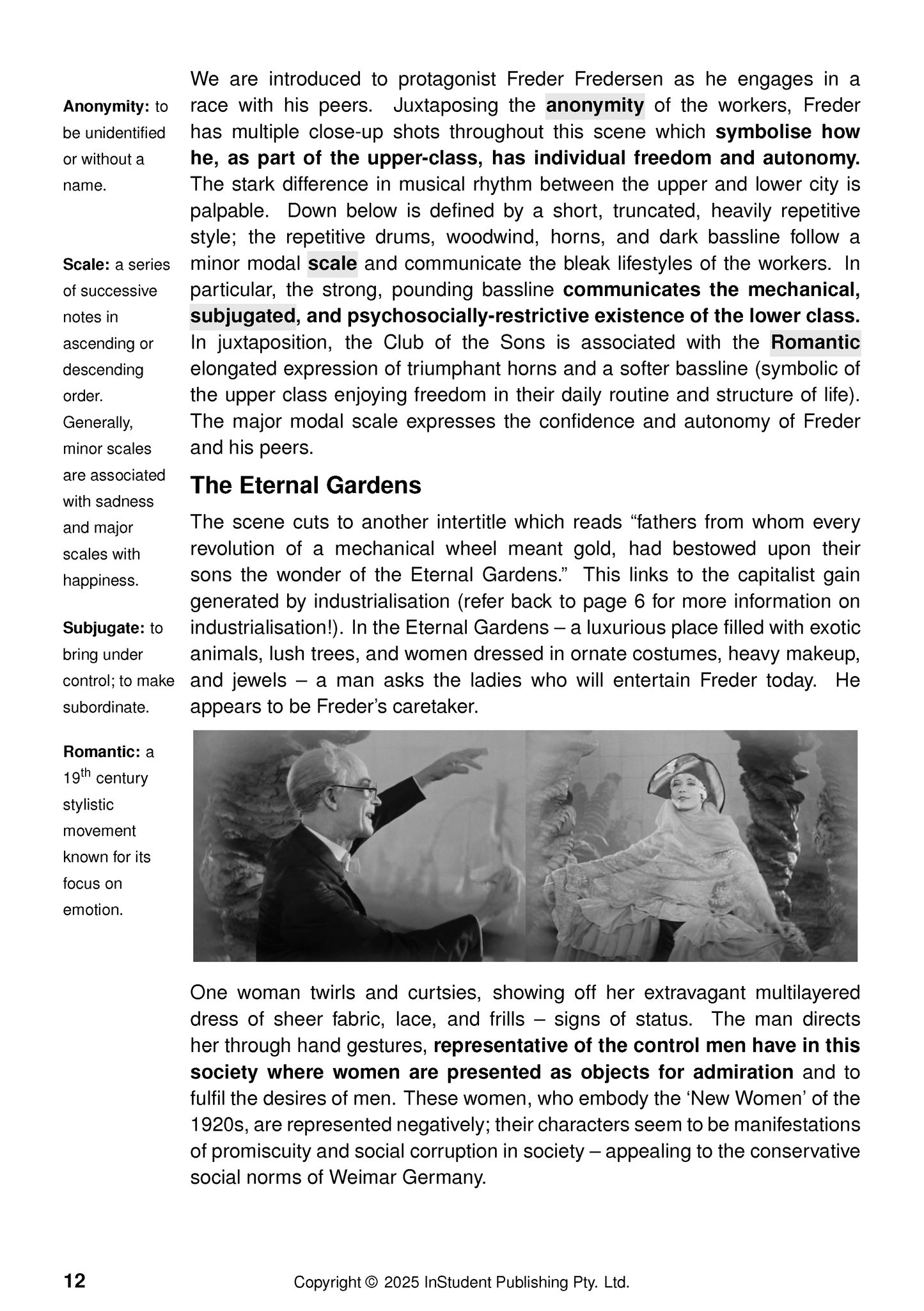 Page from a Metropolis by Fritz Lang text guide with definitions, film analysis, and black and white stills.