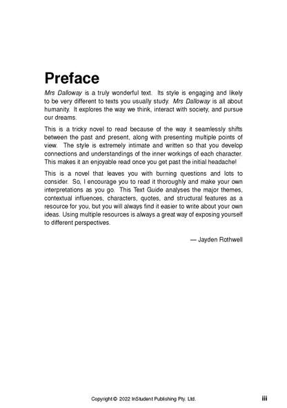 Text guide page featuring a 'Preface' title, multiple paragraphs of black text, and a signature by Jayden Rothwell.