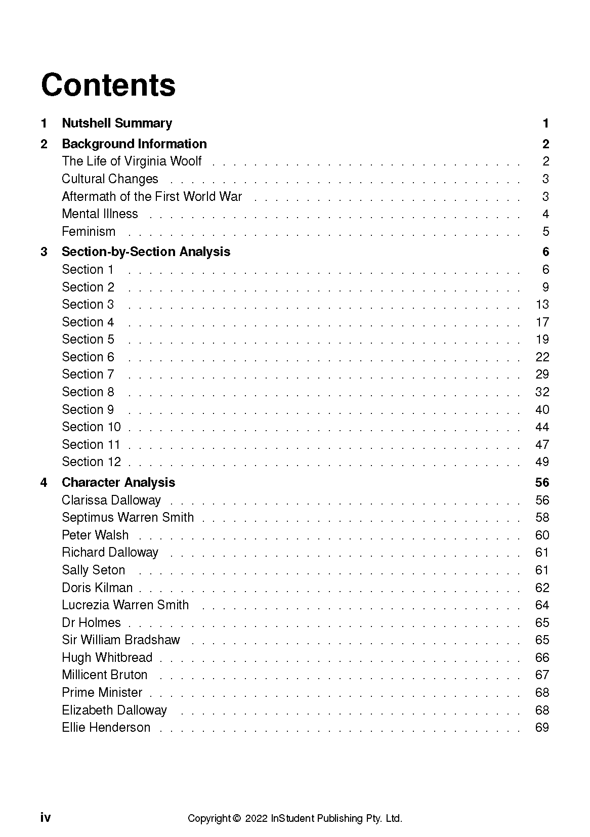 Text Guide for Mrs Dalloway by Virginia Woolf, displaying its table of contents with chapter titles and page numbers.