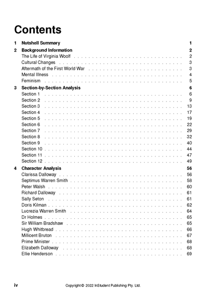 Text Guide for Mrs Dalloway by Virginia Woolf, displaying its table of contents with chapter titles and page numbers.