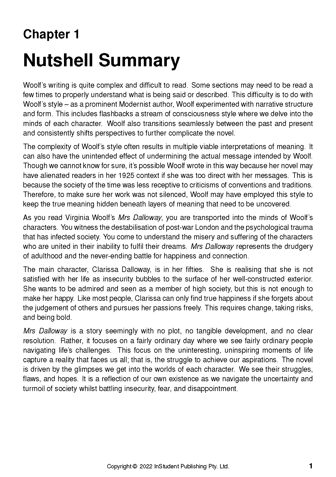 White text guide page with black text, featuring 'Chapter 1' and 'Nutshell Summary' headings and a detailed summary of Mrs. Dalloway.