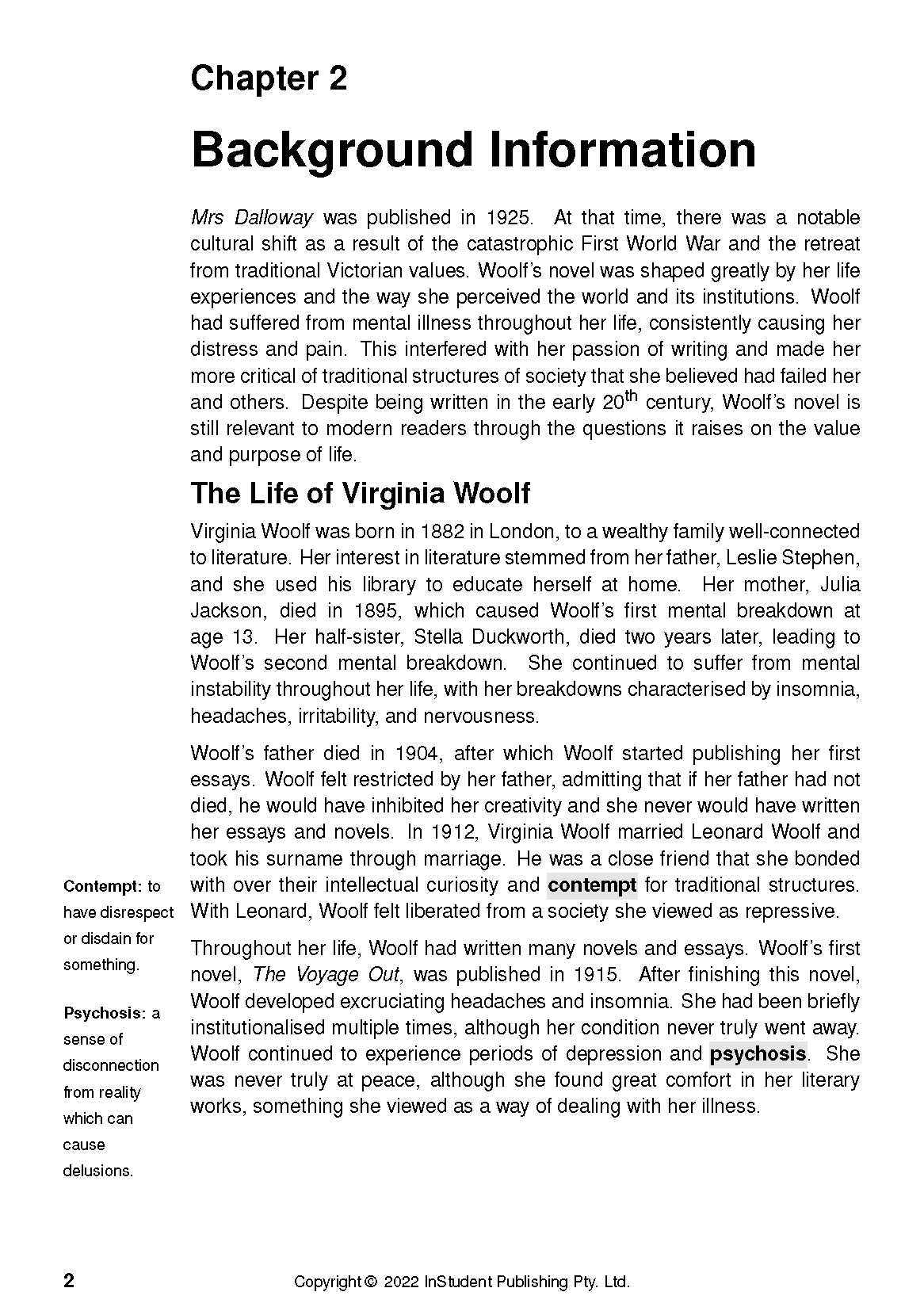 Text guide for Mrs Dalloway by Virginia Woolf, by InStudent Publishing Pty. Ltd., showing printed pages with biographical information and marginal definitions.