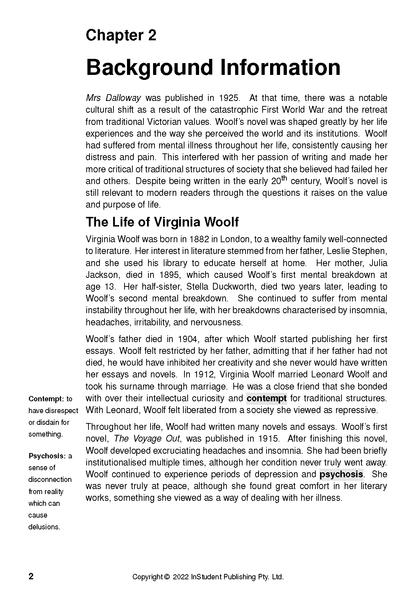 Text guide for Mrs Dalloway by Virginia Woolf, by InStudent Publishing Pty. Ltd., showing printed pages with biographical information and marginal definitions.