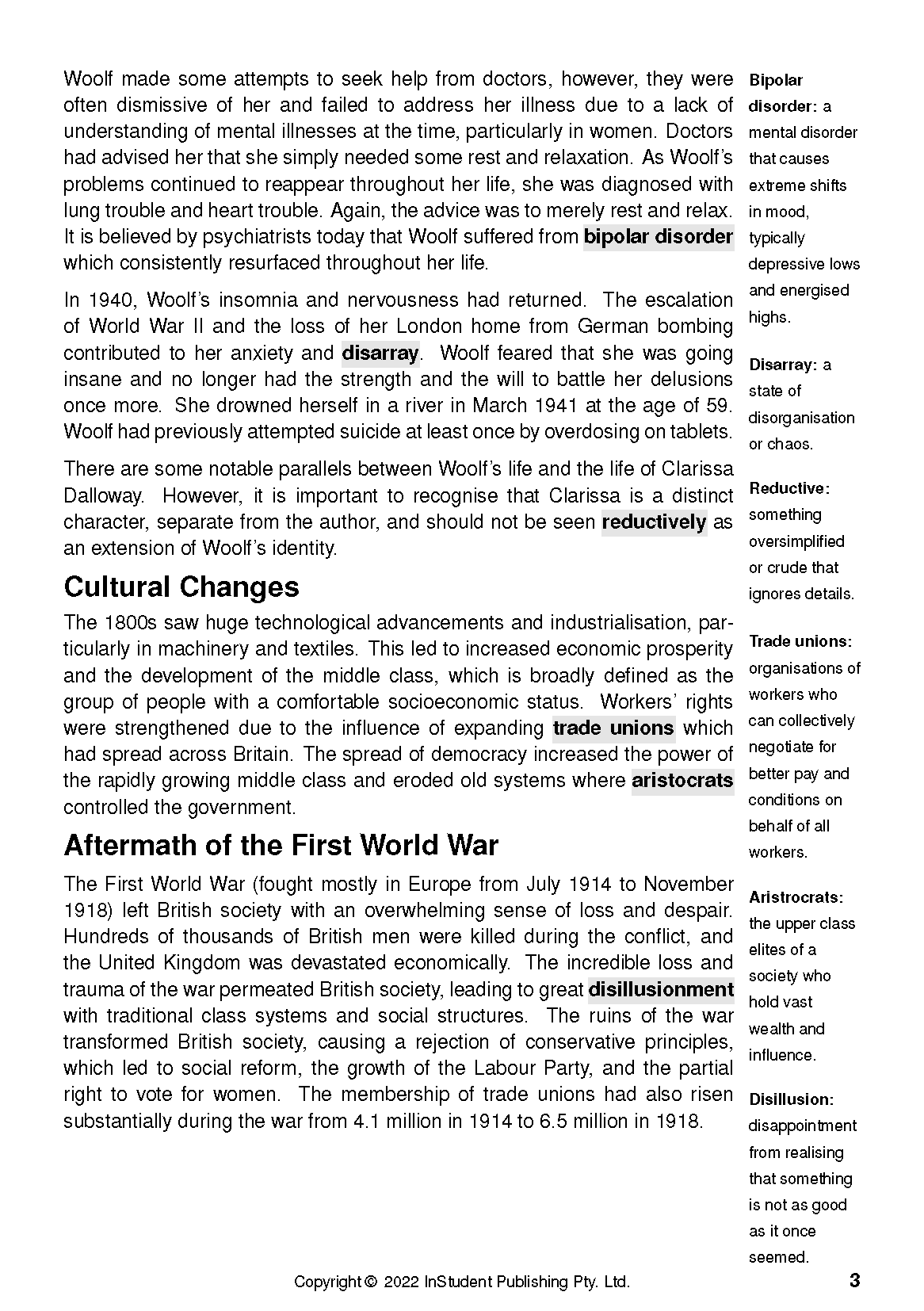 Text guide page displaying text about Virginia Woolf and historical context, with definitions in a right sidebar.