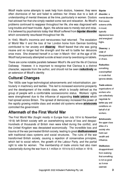 Text guide page displaying text about Virginia Woolf and historical context, with definitions in a right sidebar.