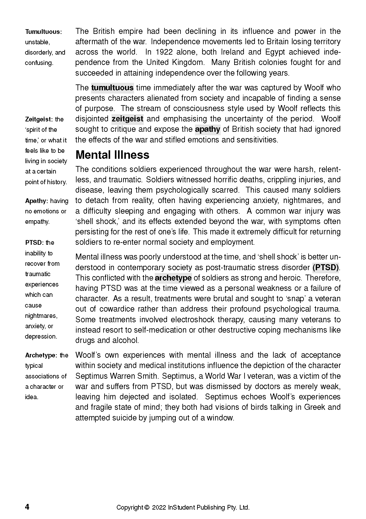 Text Guide page displaying definitions of terms like tumultuous and PTSD, alongside explanatory text about mental illness.