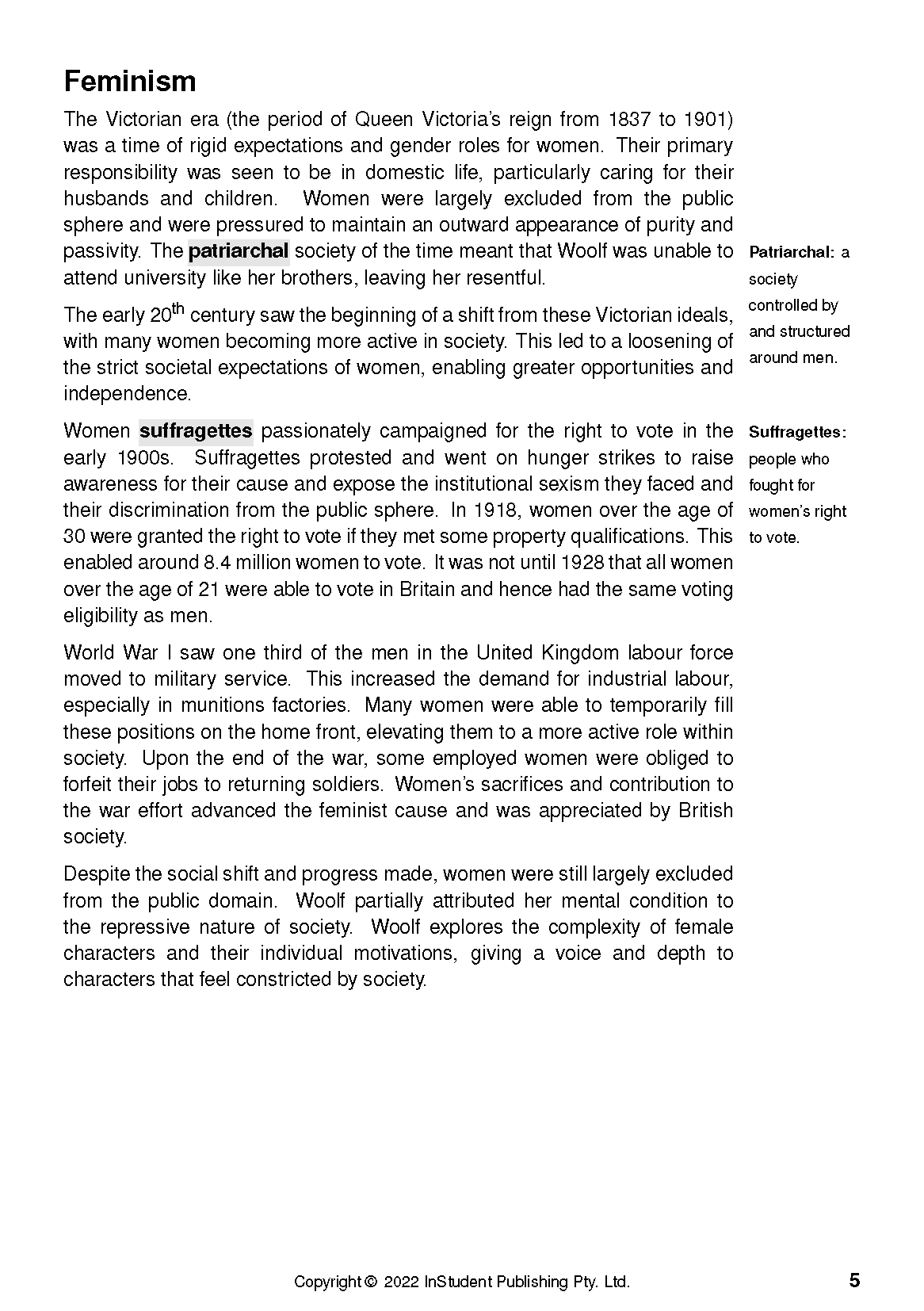 Text guide page by InStudent Publishing with 'Feminism' title, detailed text, and marginal definitions.