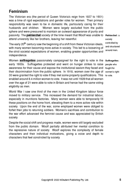 Text guide page by InStudent Publishing with 'Feminism' title, detailed text, and marginal definitions.